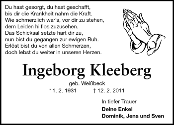 Traueranzeige von Ingeborg Kleeberg von Darmstädter Echo, Odenwälder Echo, Rüsselsheimer Echo, Groß-Gerauer-Echo, Ried Echo