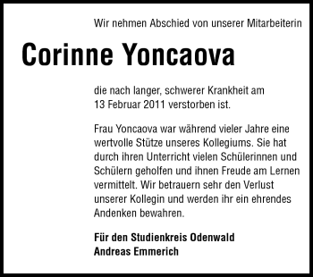Traueranzeige von Corinne Yoncaova von Echo-Zeitungen (Gesamtausgabe)