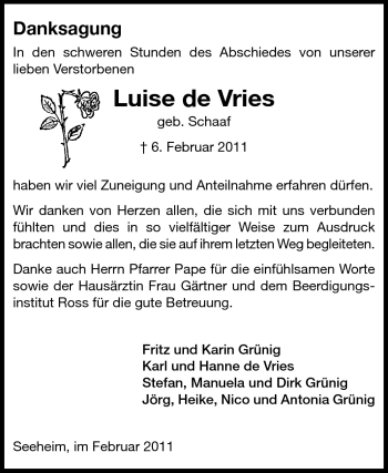 Traueranzeige von Luise de Vries von Echo-Zeitungen (Gesamtausgabe)
