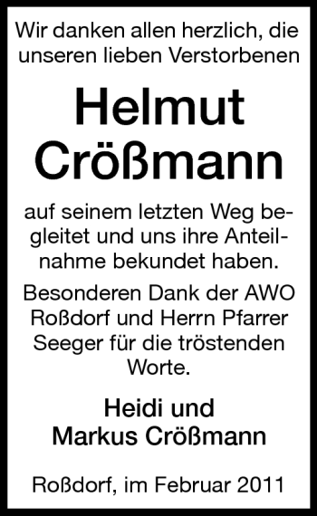 Traueranzeige von Helmut Crößmann von Darmstädter Echo, Odenwälder Echo, Rüsselsheimer Echo, Groß-Gerauer-Echo, Ried Echo