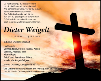 Traueranzeige von Dieter Weigelt von Darmstädter Echo, Odenwälder Echo, Rüsselsheimer Echo, Groß-Gerauer-Echo, Ried Echo