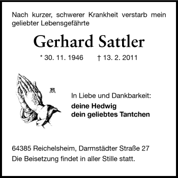 Traueranzeige von Gerhard Sattler von Odenwälder Echo
