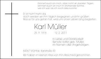 Traueranzeige von Karl Müller von Darmstädter Echo, Odenwälder Echo, Rüsselsheimer Echo, Groß-Gerauer-Echo, Ried Echo