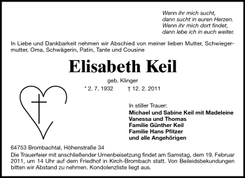 Traueranzeige von Elisabeth Keil von Odenwälder Echo