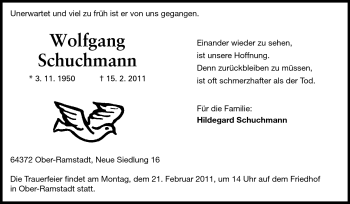 Traueranzeige von Wolfgang Schuchmann von Darmstädter Echo, Odenwälder Echo, Rüsselsheimer Echo, Groß-Gerauer-Echo, Ried Echo