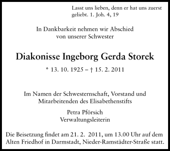 Traueranzeige von Storek Diakonisse Ingeborg Gerda von Echo-Zeitungen (Gesamtausgabe)