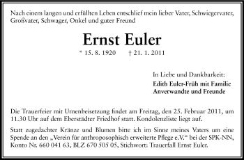 Traueranzeige von Ernst Euler von Echo-Zeitungen (Gesamtausgabe)