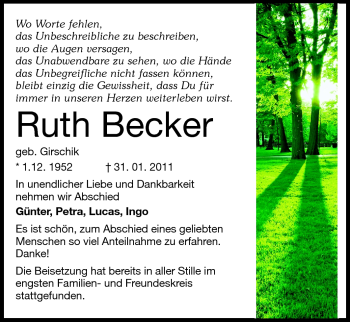 Traueranzeige von Ruth Becker von Rüsselsheimer Echo, Groß-Gerauer-Echo, Ried Echo