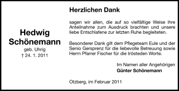 Traueranzeige von Hedwig Schönemann von Echo-Zeitungen (Gesamtausgabe)