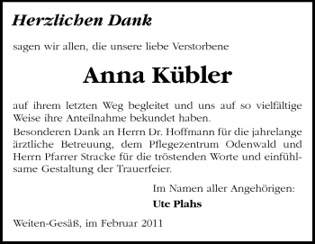Traueranzeige von Anna Kübler von Odenwälder Echo
