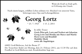 Traueranzeige von Georg Lortz von Darmstädter Echo, Odenwälder Echo, Rüsselsheimer Echo, Groß-Gerauer-Echo, Ried Echo