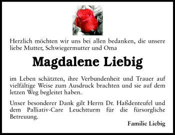 Traueranzeige von Magdalene Liebig von Rüsselsheimer Echo, Groß-Gerauer-Echo, Ried Echo