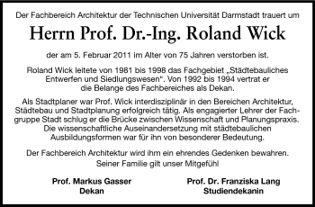Traueranzeige von Prof. Dr.-Ing. Roland Wick von Echo-Zeitungen (Gesamtausgabe)