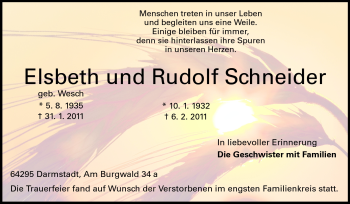 Traueranzeige von Elsbeth und Rudolf Schneider von Darmstädter Echo, Odenwälder Echo, Rüsselsheimer Echo, Groß-Gerauer-Echo, Ried Echo