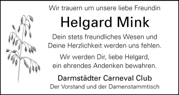 Traueranzeige von Helgard Mink von Echo-Zeitungen (Gesamtausgabe)