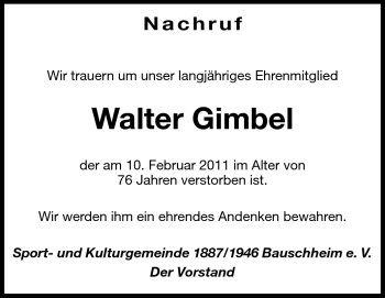 Traueranzeige von Walter Gimbel von Rüsselsheimer Echo, Groß-Gerauer-Echo, Ried Echo