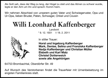 Traueranzeige von Willi Leonhard Kaffenberger von Odenwälder Echo
