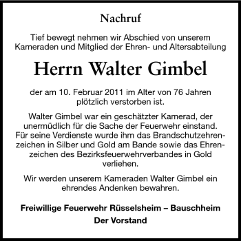Traueranzeige von Walter Gimbel von Rüsselsheimer Echo, Groß-Gerauer-Echo, Ried Echo