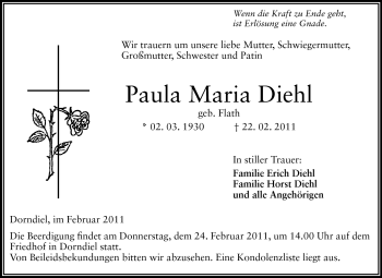 Traueranzeige von Diehl Paula Maria von Darmstädter Echo, Odenwälder Echo, Rüsselsheimer Echo, Groß-Gerauer-Echo, Ried Echo