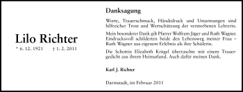 Traueranzeige von Lilo Richter von Darmstädter Echo, Odenwälder Echo, Rüsselsheimer Echo, Groß-Gerauer-Echo, Ried Echo
