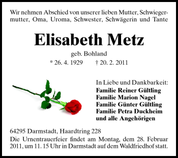 Traueranzeige von Elisabeth Metz von Darmstädter Echo, Odenwälder Echo, Rüsselsheimer Echo, Groß-Gerauer-Echo, Ried Echo