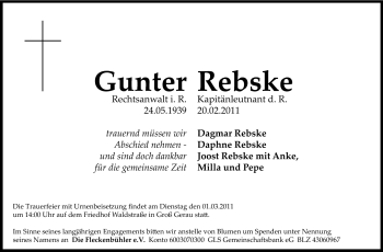 Traueranzeige von Gunter Rebske von Echo-Zeitungen (Gesamtausgabe)