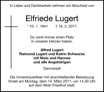 Traueranzeige von Elfriede Lugert von Darmstädter Echo, Odenwälder Echo, Rüsselsheimer Echo, Groß-Gerauer-Echo, Ried Echo