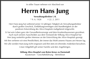 Traueranzeige von Hans Jung von Echo-Zeitungen (Gesamtausgabe)