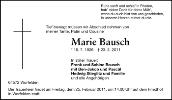 Traueranzeige von Marie Bausch von Rüsselsheimer Echo, Groß-Gerauer-Echo, Ried Echo