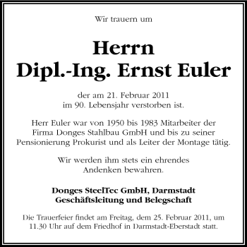 Traueranzeige von Ernst Euler von Darmstädter Echo, Odenwälder Echo, Rüsselsheimer Echo, Groß-Gerauer-Echo, Ried Echo