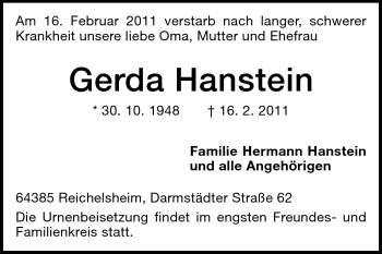 Traueranzeige von Gerda Hanstein von Darmstädter Echo, Odenwälder Echo, Rüsselsheimer Echo, Groß-Gerauer-Echo, Ried Echo