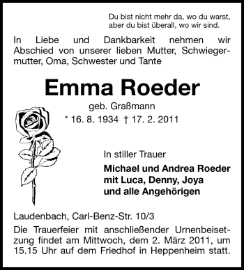 Traueranzeige von Emma Roeder von Starkenburger Echo