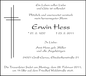Traueranzeige von Erwin Hess von Rüsselsheimer Echo, Groß-Gerauer-Echo, Ried Echo