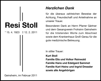 Traueranzeige von Resi Stoll von Rüsselsheimer Echo, Groß-Gerauer-Echo, Ried Echo