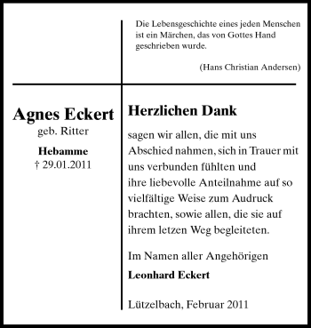 Traueranzeige von Agnes Eckert von Odenwälder Echo