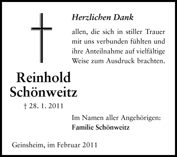 Traueranzeige von Reinhold Schönweitz von Rüsselsheimer Echo, Groß-Gerauer-Echo, Ried Echo