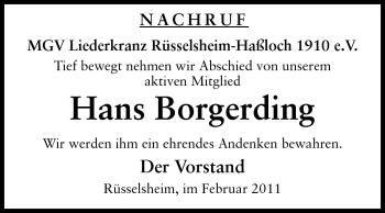 Traueranzeige von Hans Borgerding von Rüsselsheimer Echo, Groß-Gerauer-Echo, Ried Echo