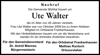 Traueranzeige von Ute Walter von Echo-Zeitungen (Gesamtausgabe)