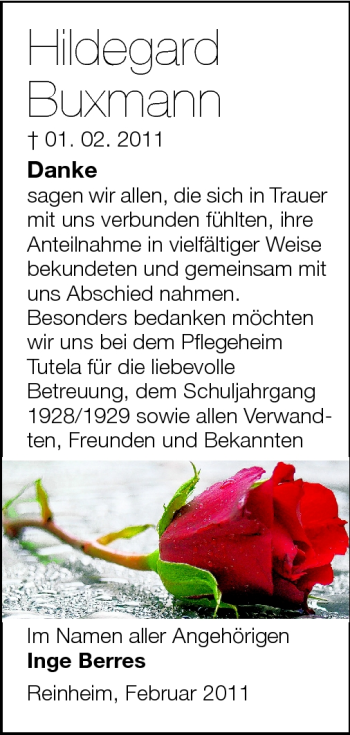 Traueranzeige von Hildegard Buxmann von Echo-Zeitungen (Gesamtausgabe)