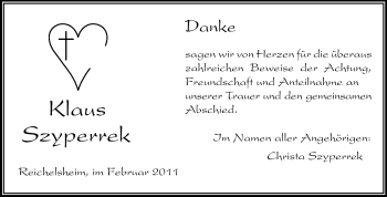 Traueranzeige von Klaus Szyperrek von Odenwälder Echo
