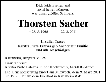 Traueranzeige von Thorsten Sacher von Rüsselsheimer Echo, Groß-Gerauer-Echo, Ried Echo