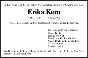 Traueranzeige von Erika Kern von Darmstädter Echo, Odenwälder Echo, Rüsselsheimer Echo, Groß-Gerauer-Echo, Ried Echo