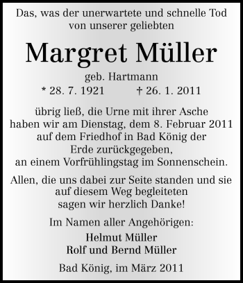 Traueranzeige von Müller Margret von Odenwälder Echo