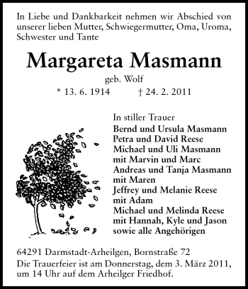 Traueranzeige von Margareta Masmann von Echo-Zeitungen (Gesamtausgabe)