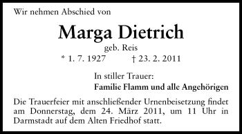 Traueranzeige von Marga Dietrich von Echo-Zeitungen (Gesamtausgabe)