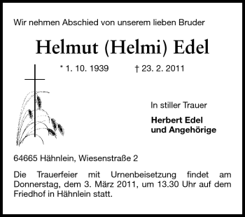 Traueranzeige von Helmut Edel von Echo-Zeitungen (Gesamtausgabe)