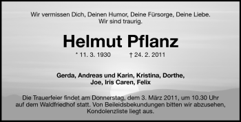 Traueranzeige von Helmut Pflanz von Echo-Zeitungen (Gesamtausgabe)