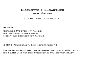 Traueranzeige von Liselotte Hillgärtner von Darmstädter Echo, Odenwälder Echo, Rüsselsheimer Echo, Groß-Gerauer-Echo, Ried Echo