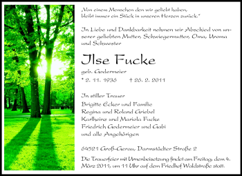 Traueranzeige von Ilse Fucke von Rüsselsheimer Echo, Groß-Gerauer-Echo, Ried Echo