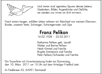 Traueranzeige von Franz Pelikan von Darmstädter Echo, Odenwälder Echo, Rüsselsheimer Echo, Groß-Gerauer-Echo, Ried Echo